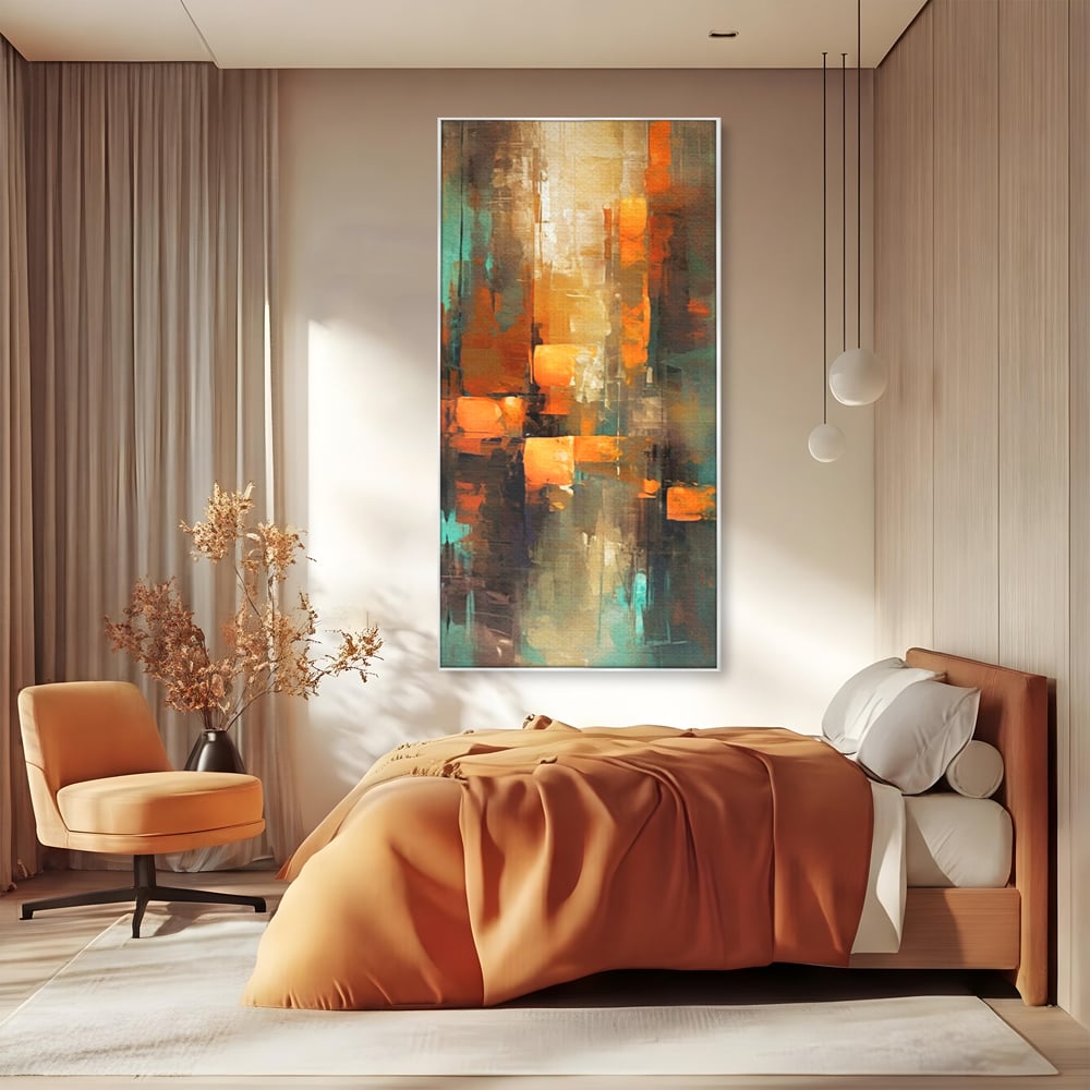 Tablou canvas cu pictura abstracta cu linii verticale, in rama de aluminiu argintiu, pe perete intr-un dormitor